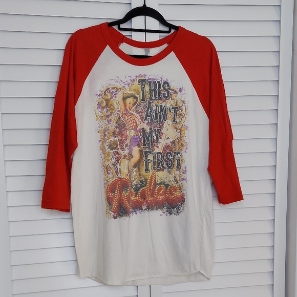 American Apparel Top, Size L, Ain't My First Rodeo Vintage Graphic Red Sleeves - Picture 1 of 6